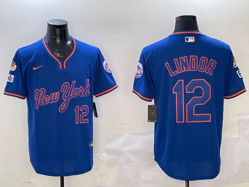 Men New York Mets #12 Lindor Blue Throwback Game Nike 2025 MLB Jersey style 2